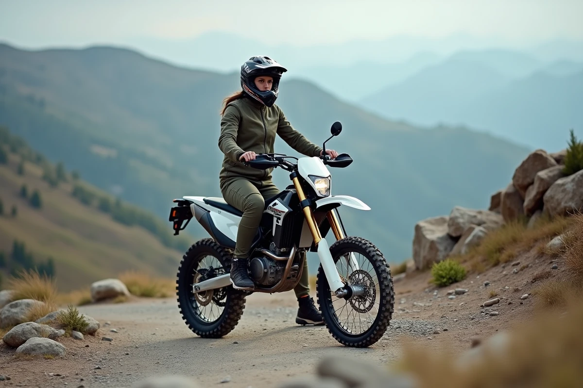 Femme motarde débutante assise sur une moto trail légère sur un sentier de montagne graveleux
