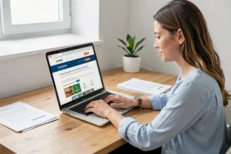 Femme obtenant un devis d'assurance auto en ligne sur son ordinateur portable depuis son bureau à domicile