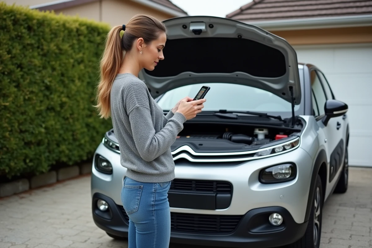 Femme consultant son smartphone devant le capot ouvert d'une Citroën C3 argentée dans une allée privée