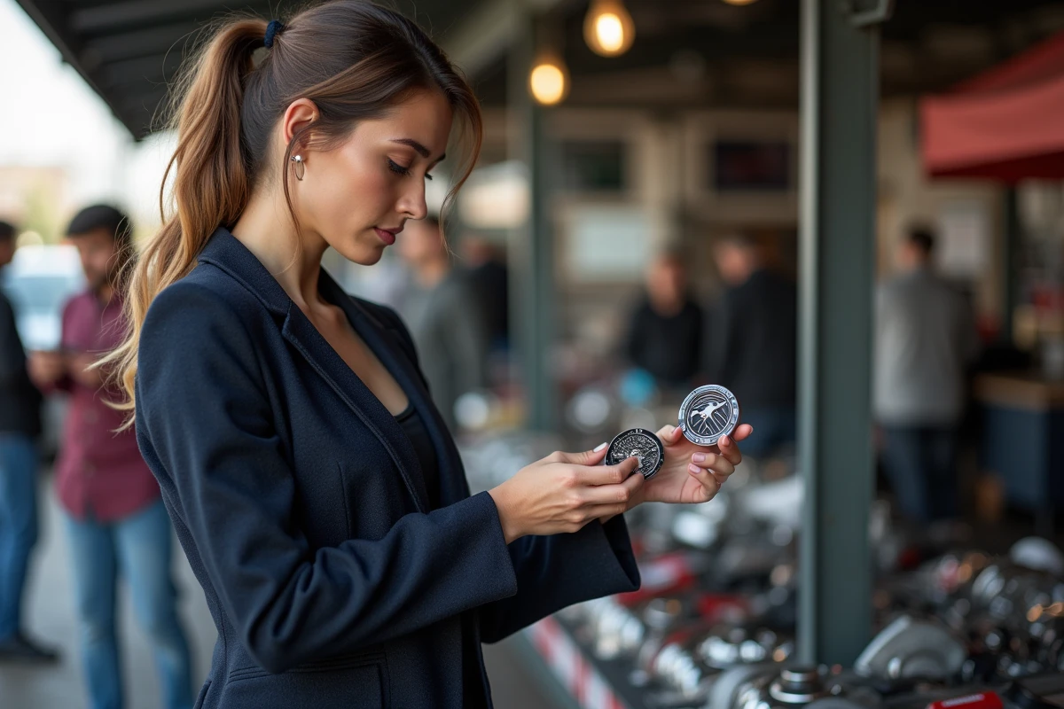Femme examinant deux emblèmes Mustang dans un marché auto extérieur