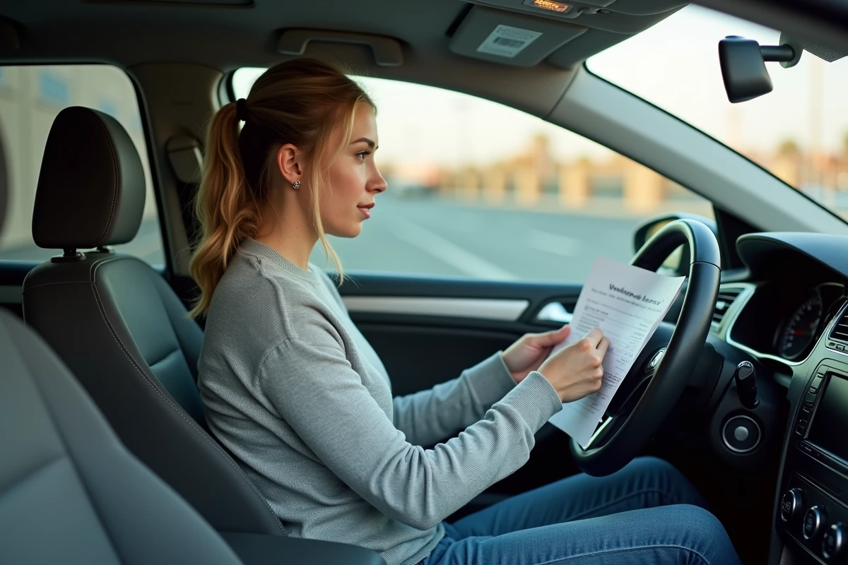 Femme consultant l'historique d'un véhicule Volkswagen Golf d'occasion à l'intérieur de la voiture