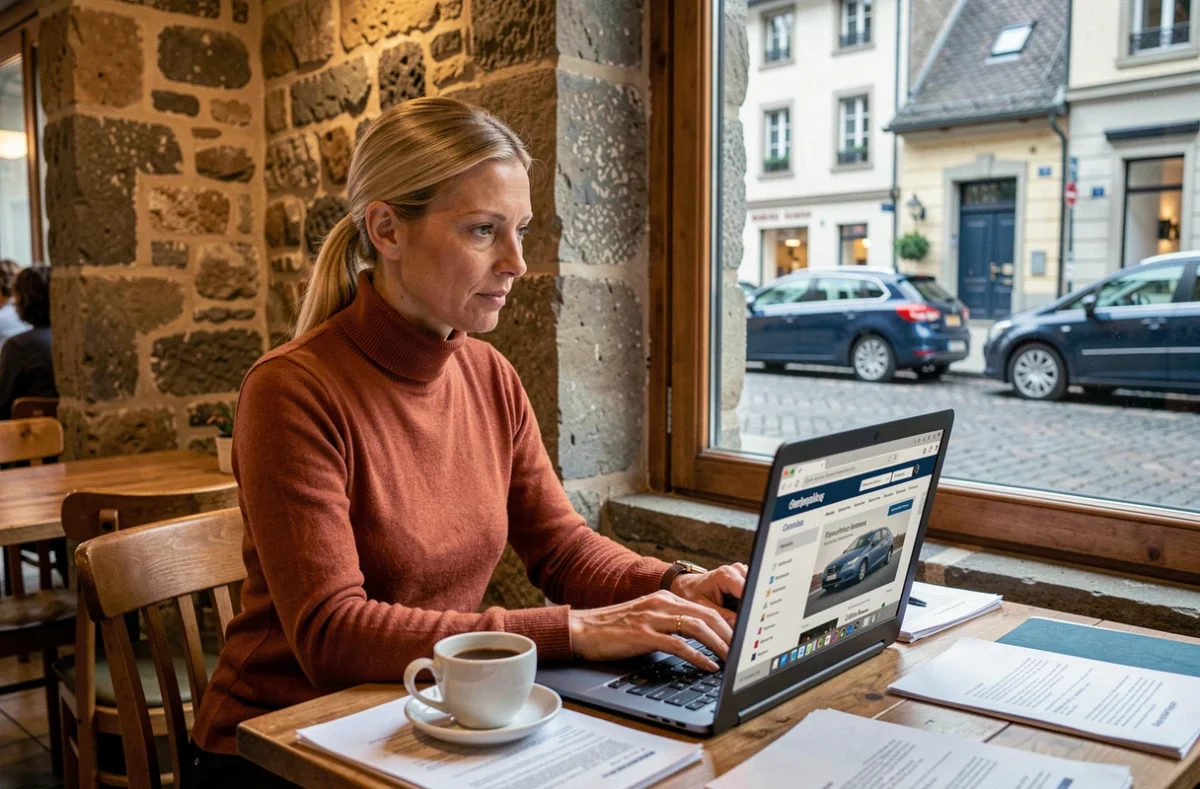 Femme recherchant une assurance auto en ligne dans un café du centre de Grenoble