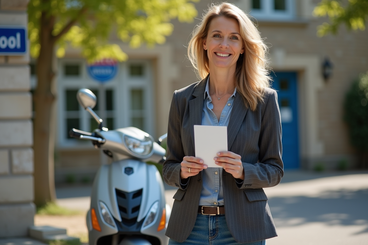 Femme souriante avec sa licence de scooter devant une école