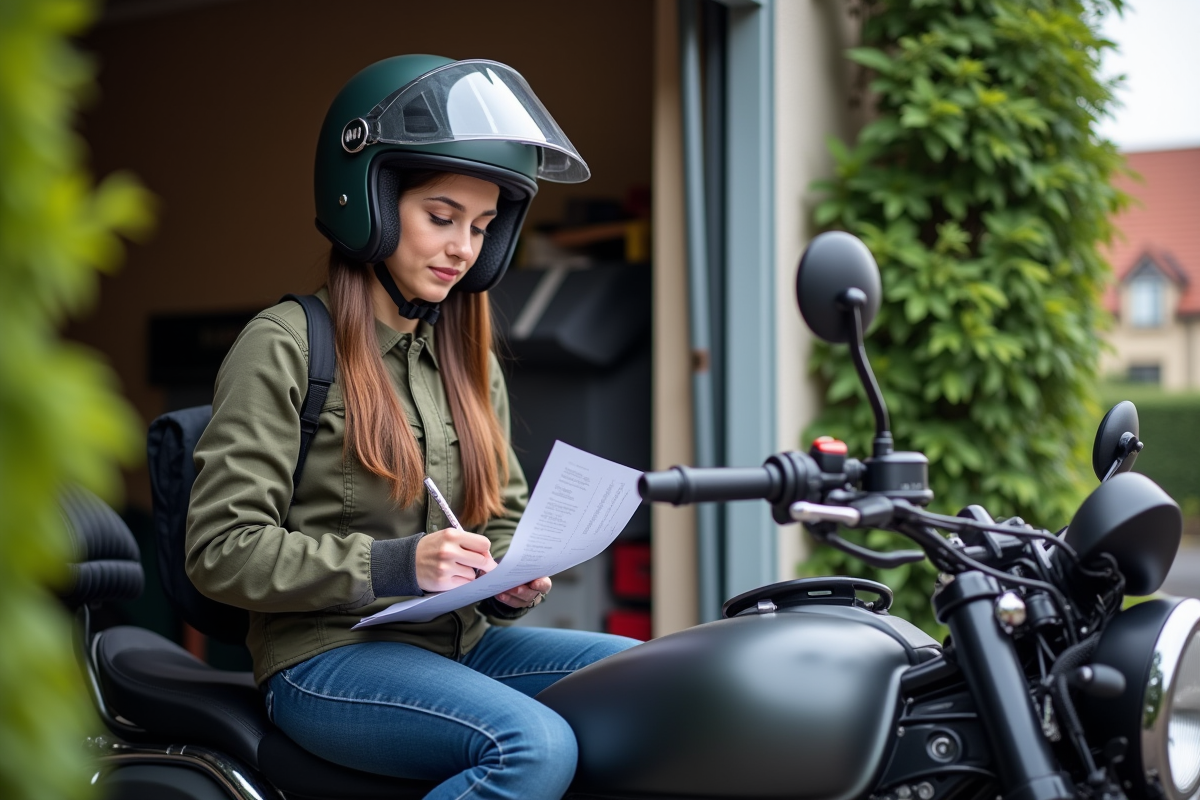 Jeune femme vérifiant ses papiers sur sa moto dans un quartier