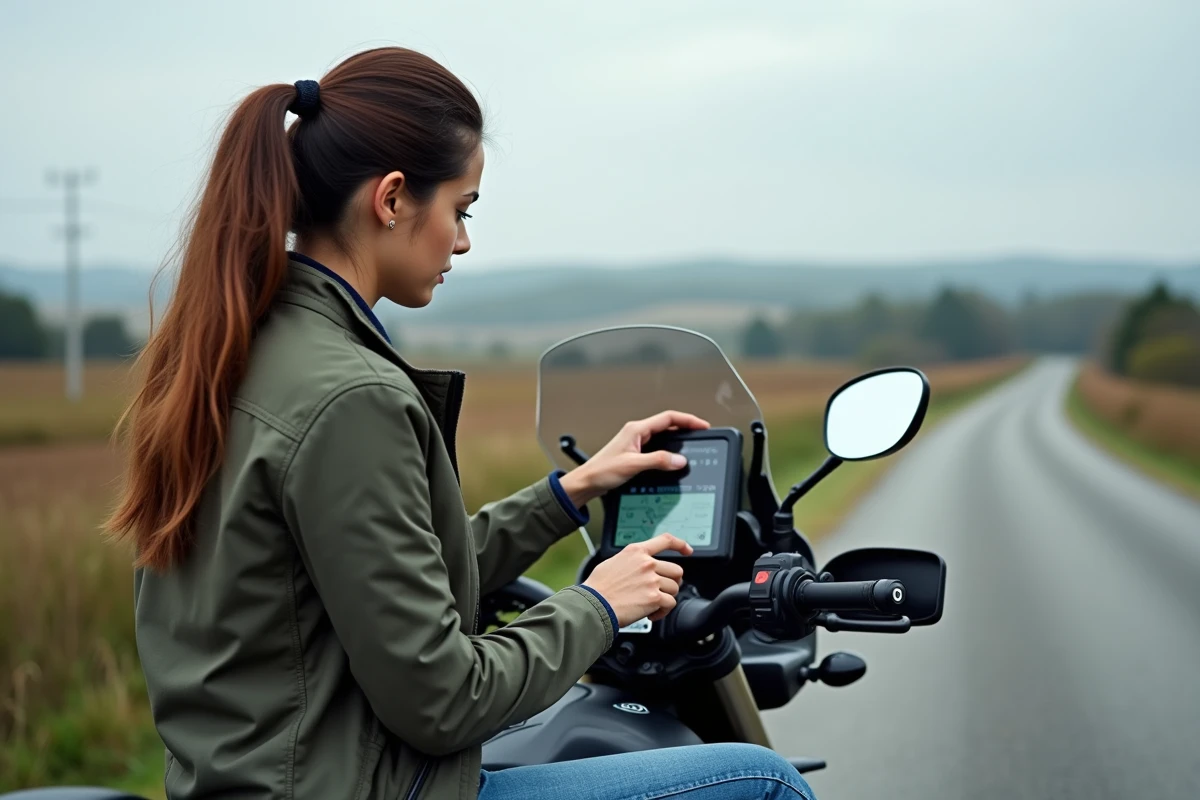 Jeune femme configurant un GPS sur sa moto en campagne