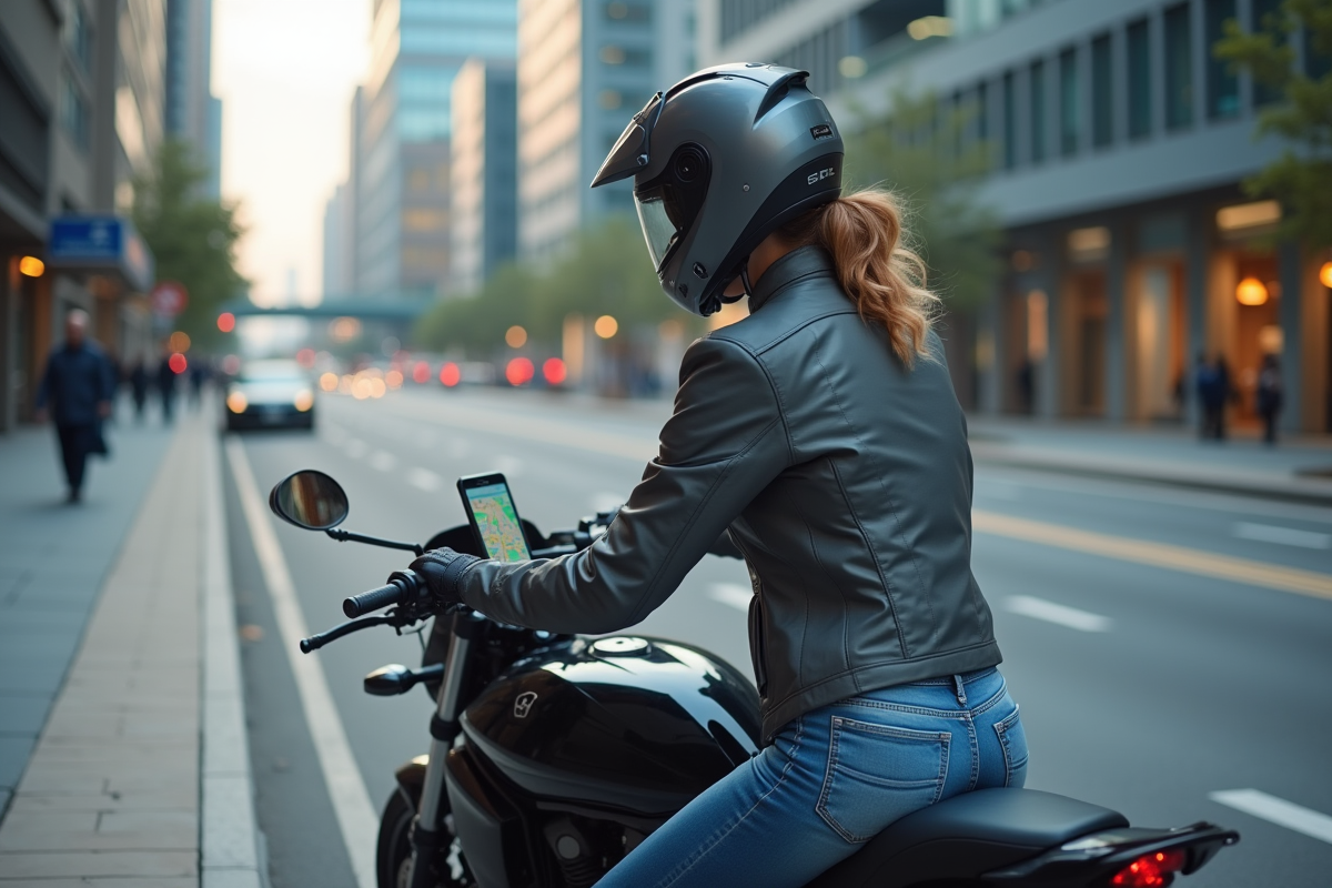 Jeune femme vérifiant GPS sur sa moto en ville