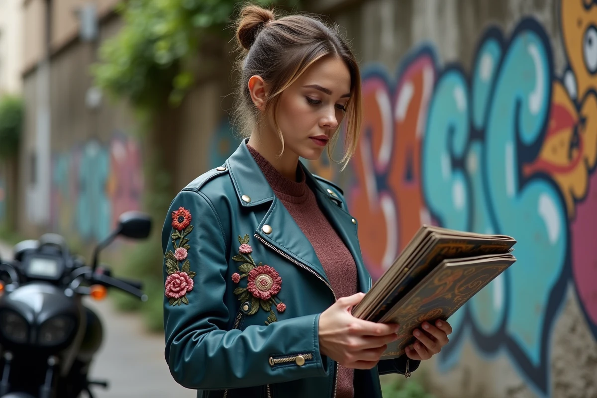 Femme avec moto jacket examine des couvertures en ville