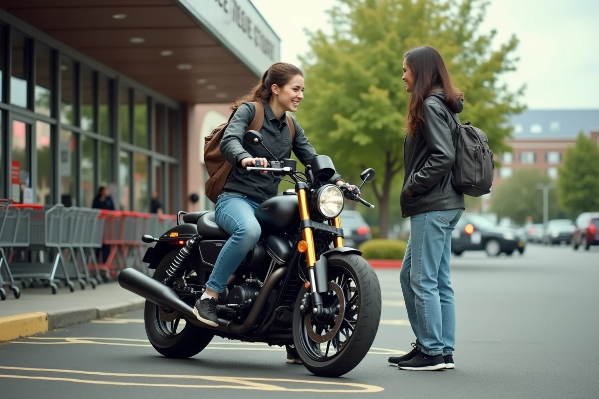 Femme avec moto puissante dans un parking urbain