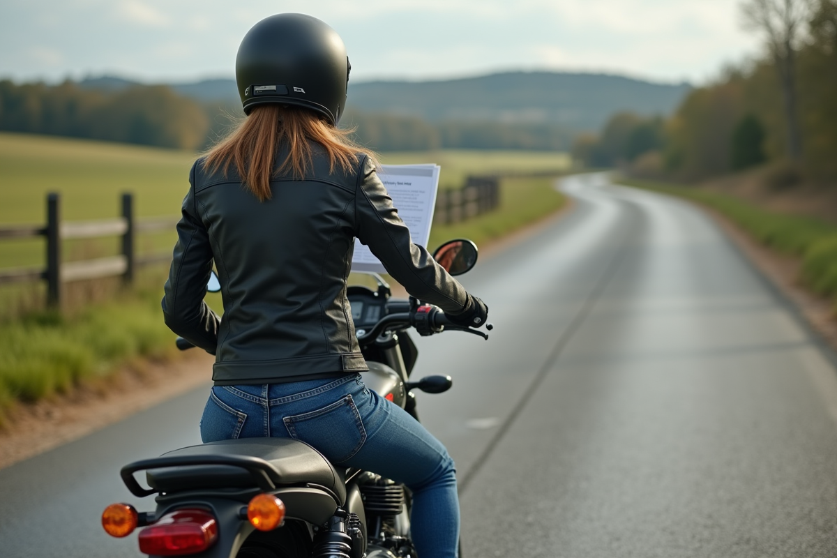 Femme à moto vérifiant son permis sur une route de campagne