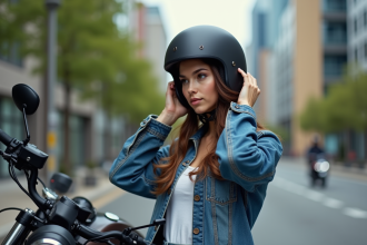 Femme en denim et casque moto dans la ville