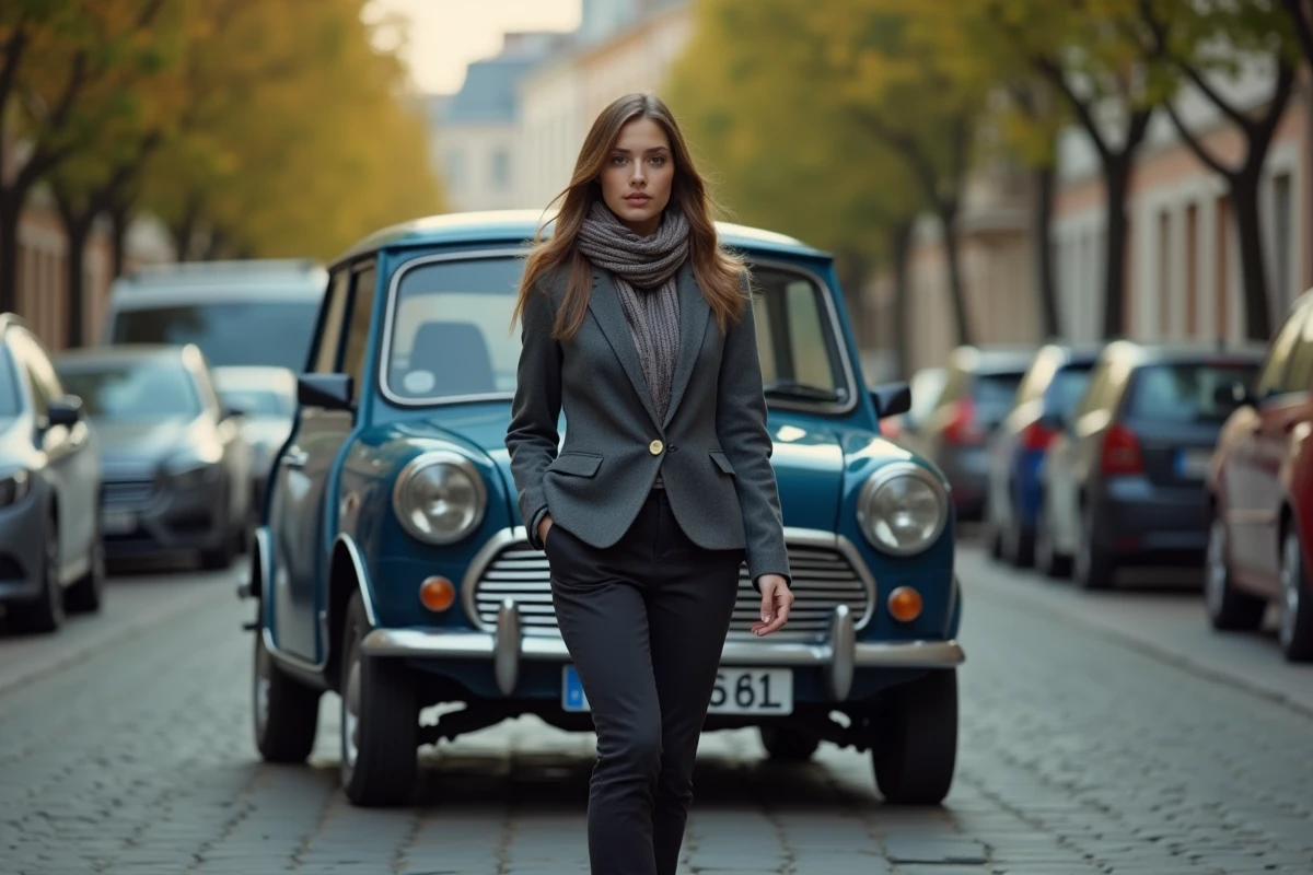 Jeune femme stationnant sa voiture avec plaque européenne