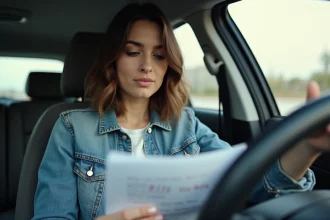 Femme dans sa voiture vérifiant une checklist permis