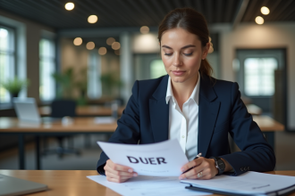 Femme en blazer navy examinant un document duer au bureau
