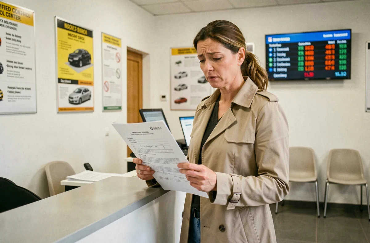 Femme consultant un rapport de contrôle technique au comptoir d'un centre agréé, air préoccupé