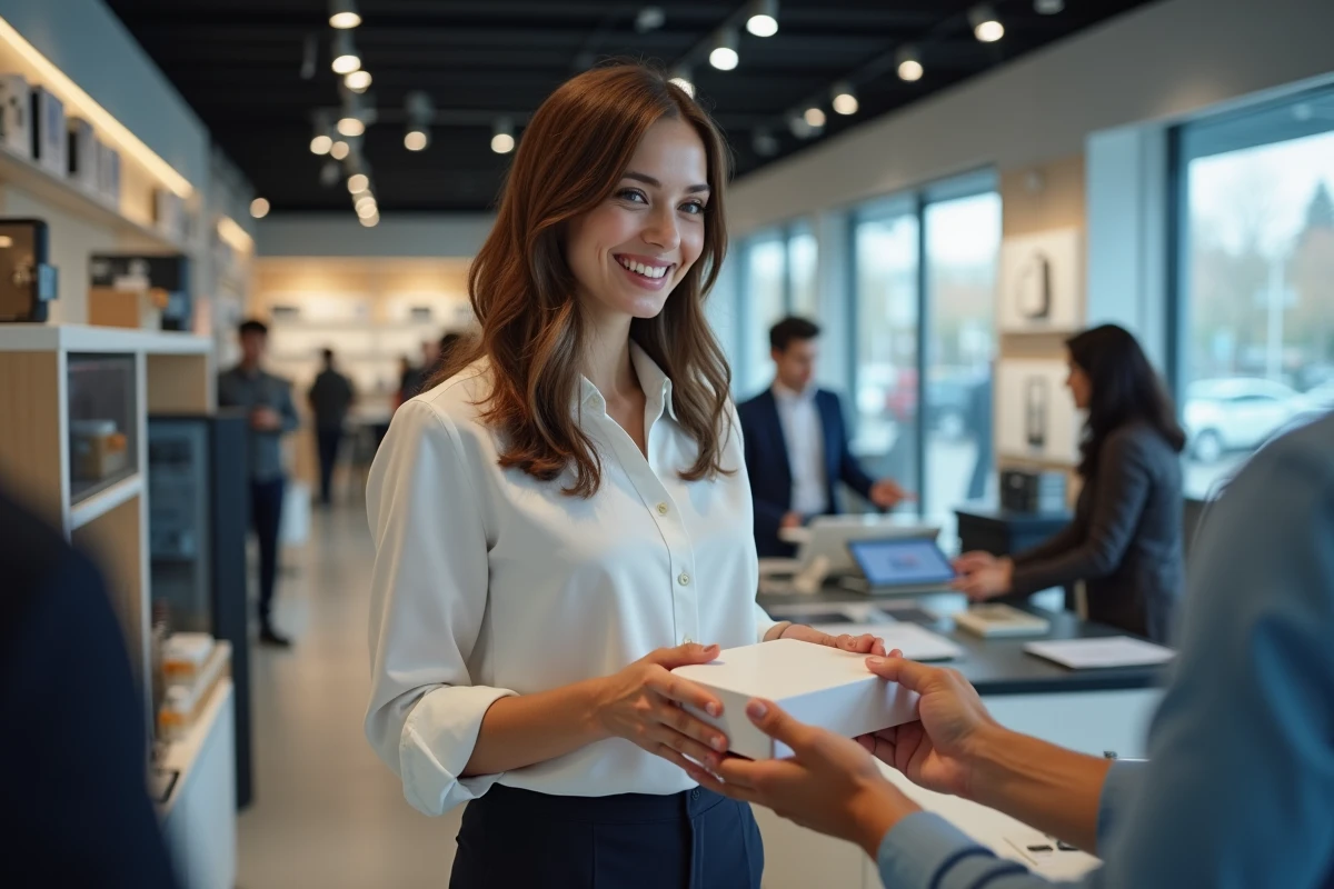 Jeune femme recevant un BPGA neuf en magasin moderne