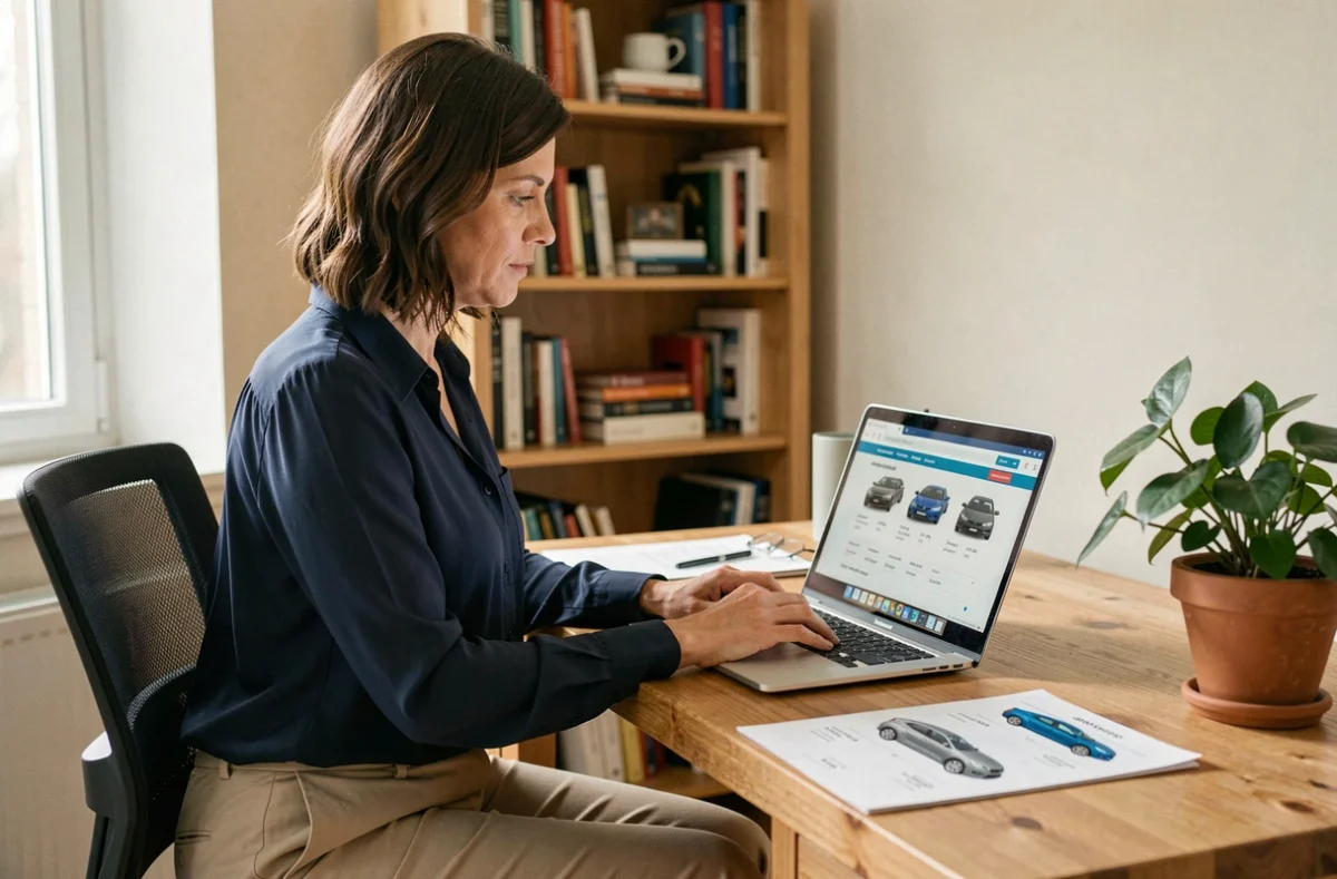 Femme recherchant les dimensions d'une voiture sur un site comparateur depuis son bureau à domicile