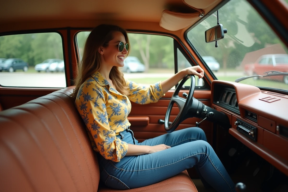 Femme vintage dans une Renault 12 des années 70