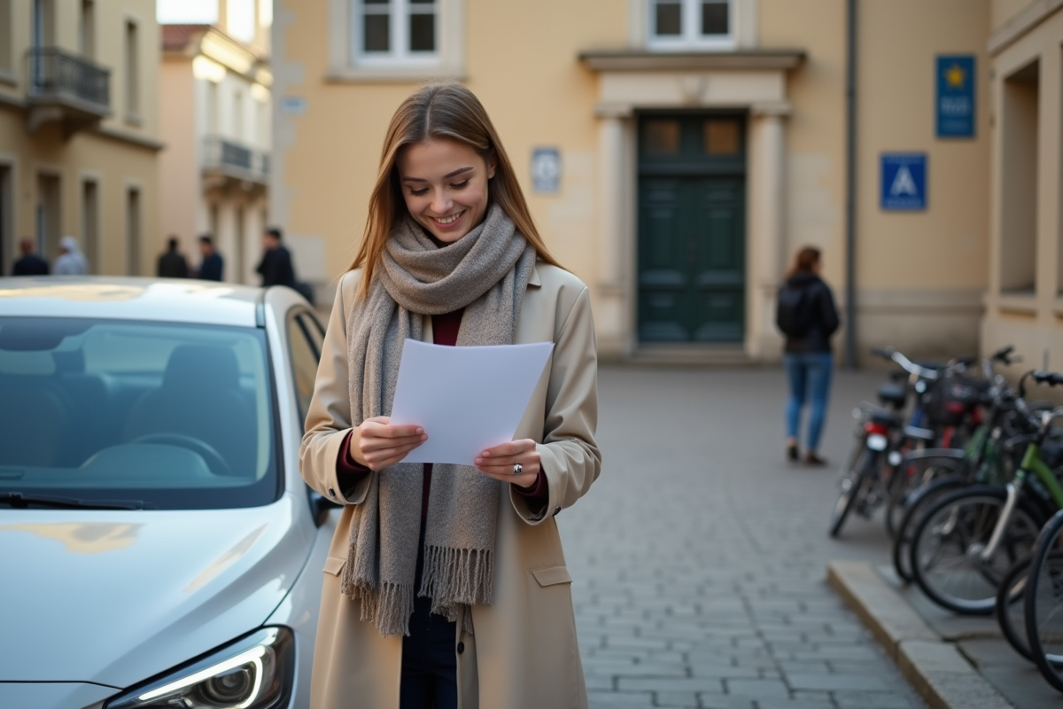 Jeune femme avec documents de voiture devant la prefecture