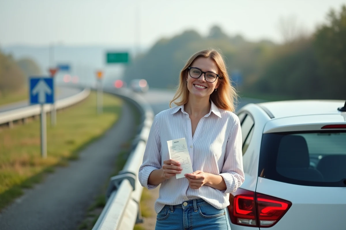 Femme souriante avec reçu de carburant sur une aire d
