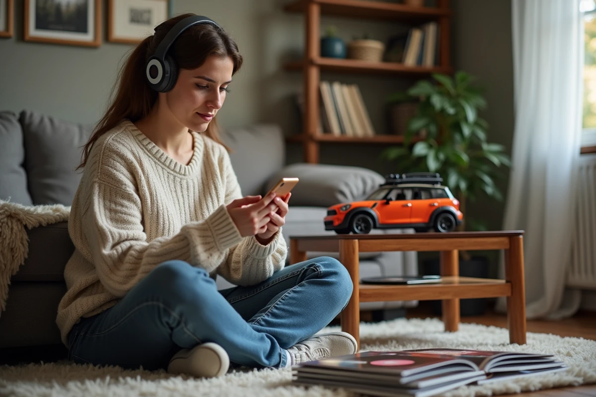Jeune femme dans un salon avec modèle SUV et musique