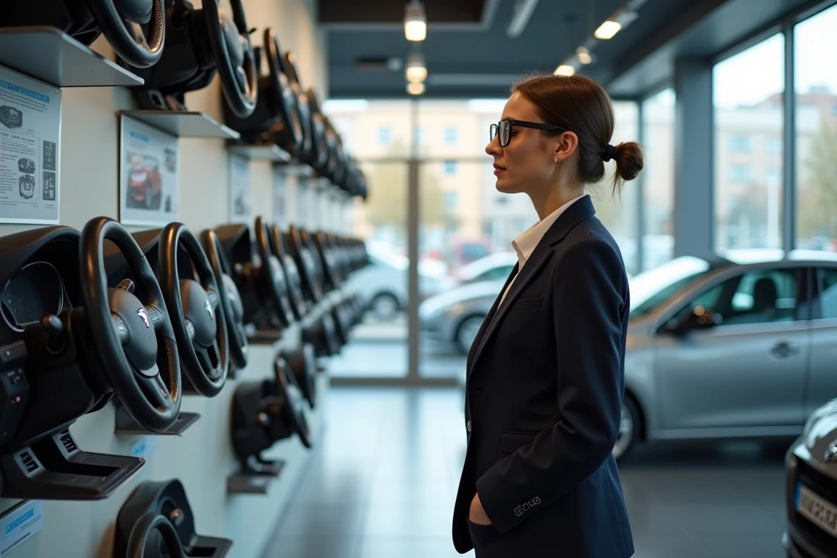 Femme examinant des tableaux de bord Peugeot 208 en showroom