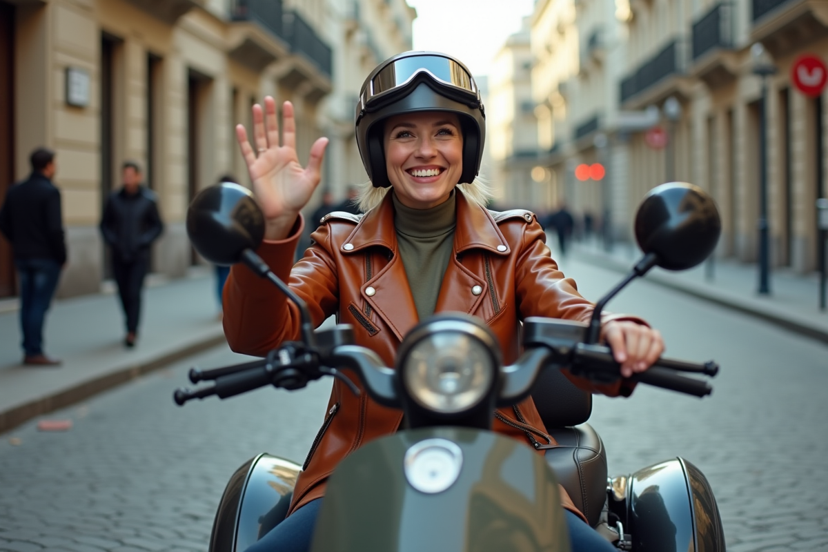 Femme en sidecar moderne dans une rue urbaine animée