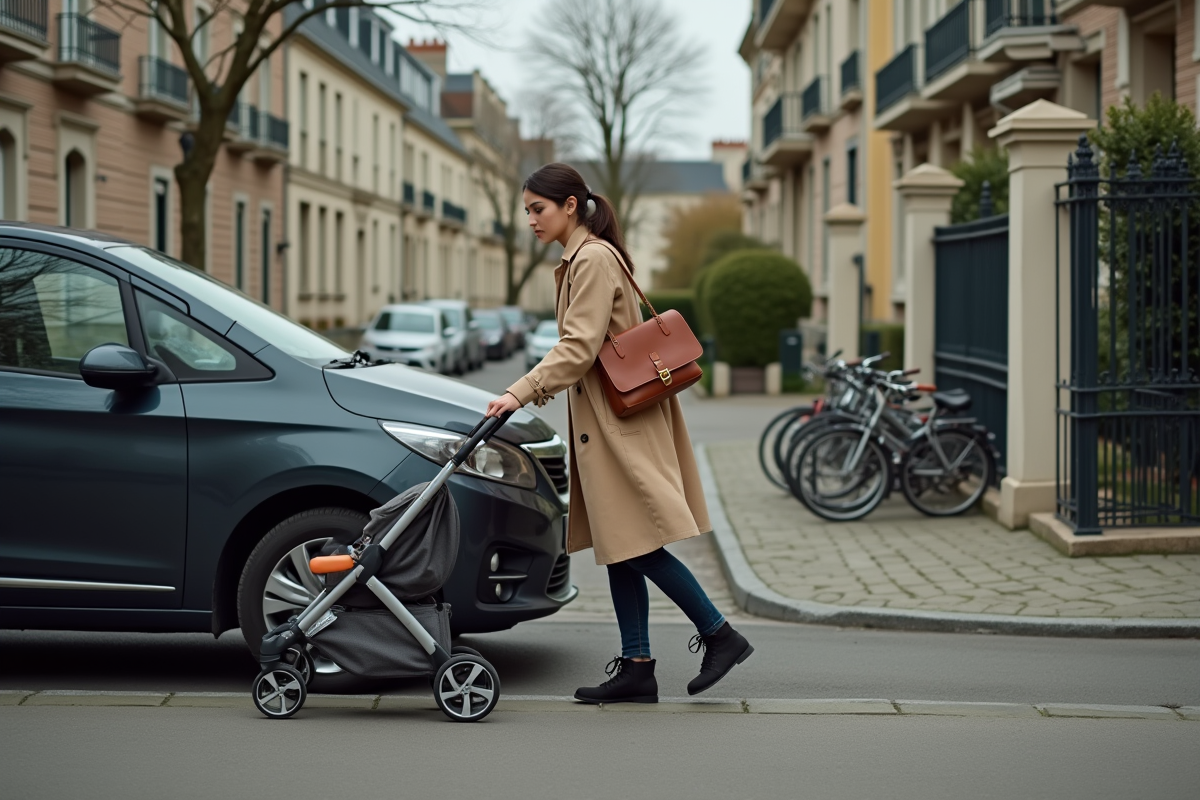 Jeune femme poussant une poussette autour d