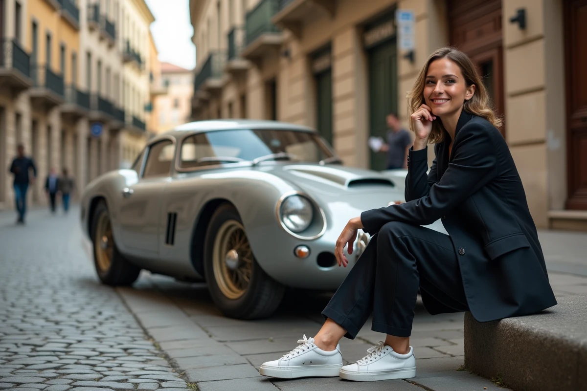 Femme en costume regardant une supercar sur rue pavée