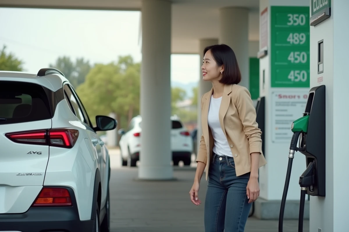 Femme à la pompe à essence avec son SUV hybride japonais, économisant sur son budget carburant