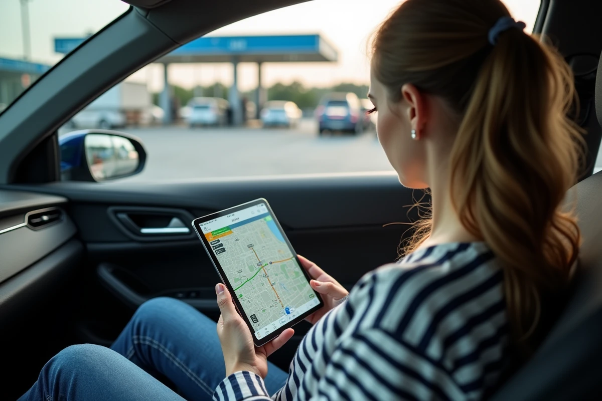 Jeune femme utilisant une tablette dans une voiture