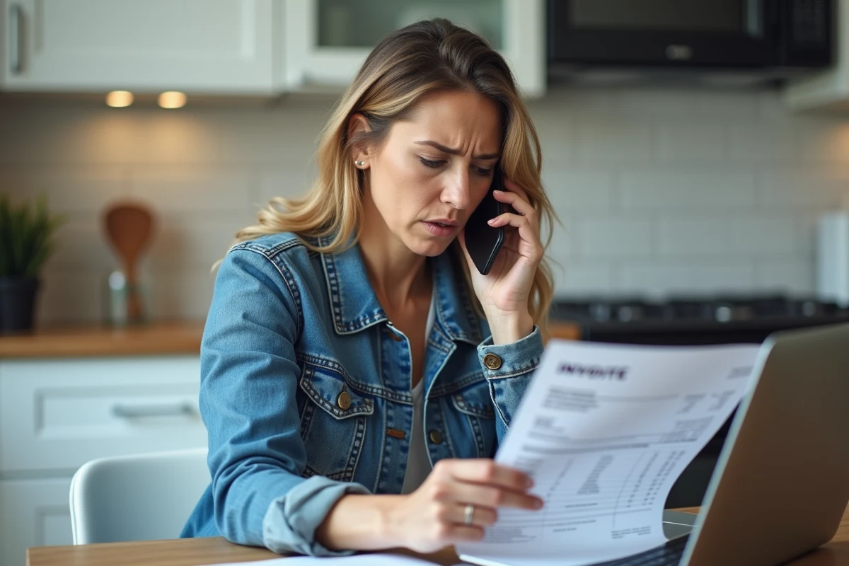 Femme au téléphone face à son ordinateur portable pour résoudre un problème de commande de pneus non livrés