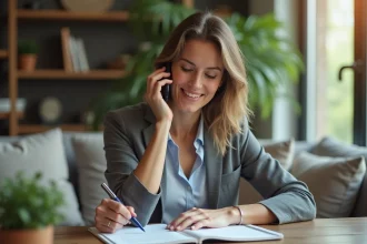 Femme en télétravail parlant au téléphone à la maison