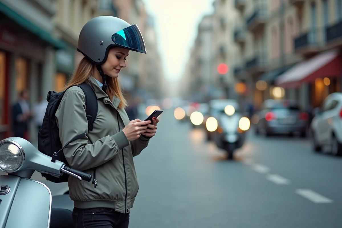 Femme vérifiant les données techniques de son scooter en ville