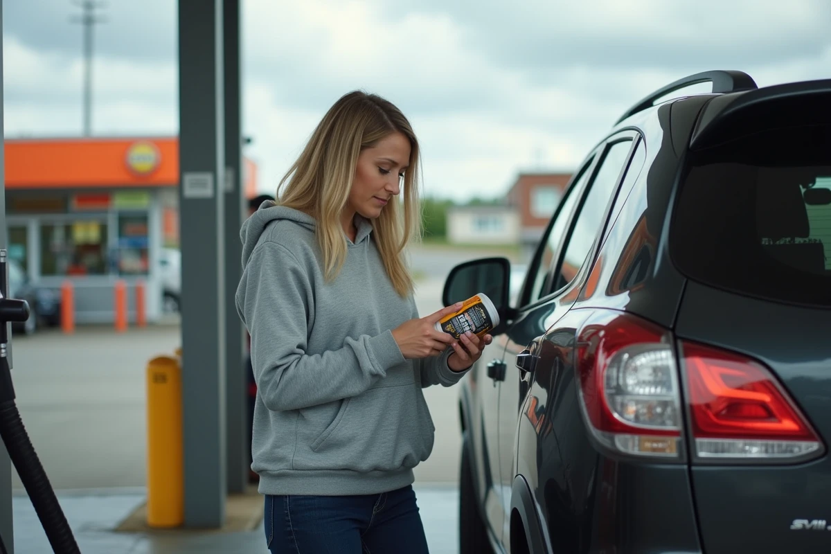 Femme lisant les instructions d'un additif Shitech diesel à une station-service avant de traiter son SUV diesel