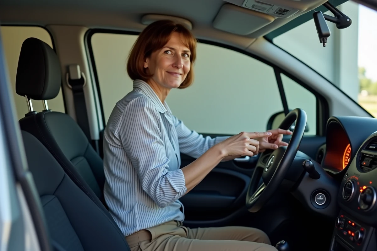 Femme pointant un indicateur lumineux dans la voiture