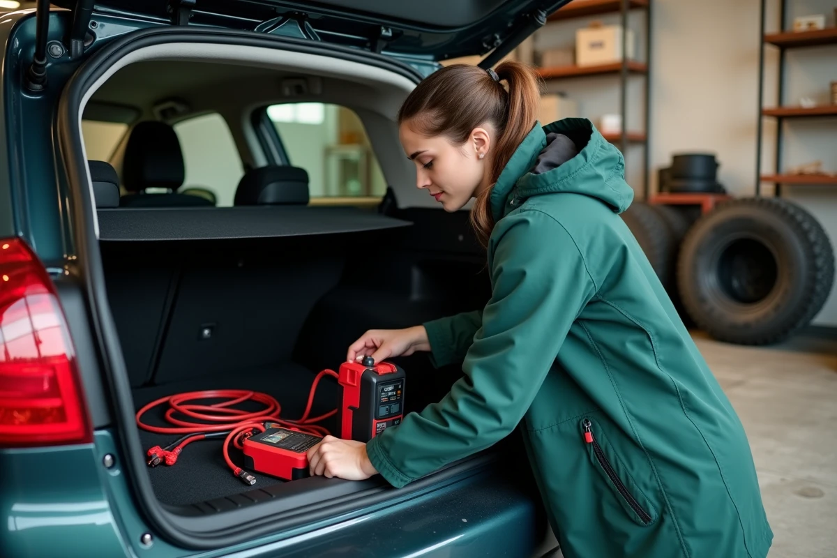 Jeune femme inspectant câbles et booster dans un garage