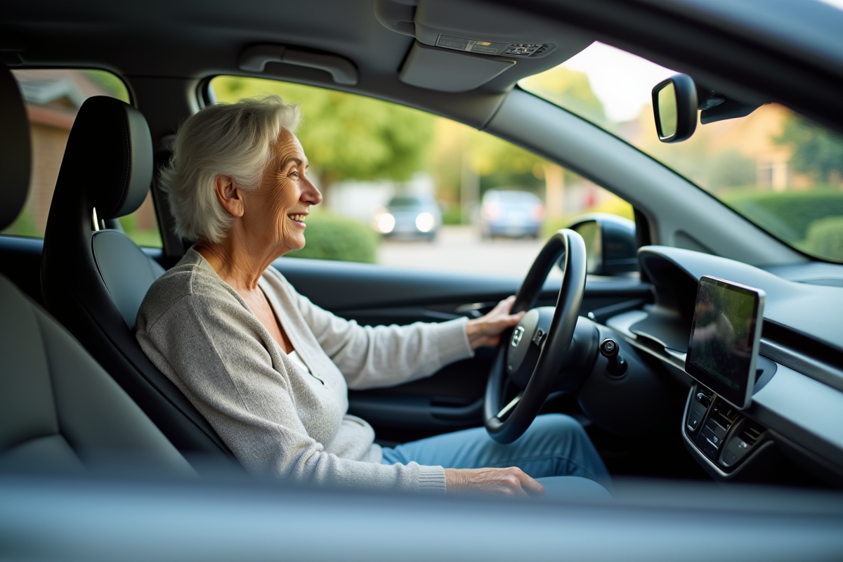 Femme âgée dans une voiture électrique en rue résidentielle