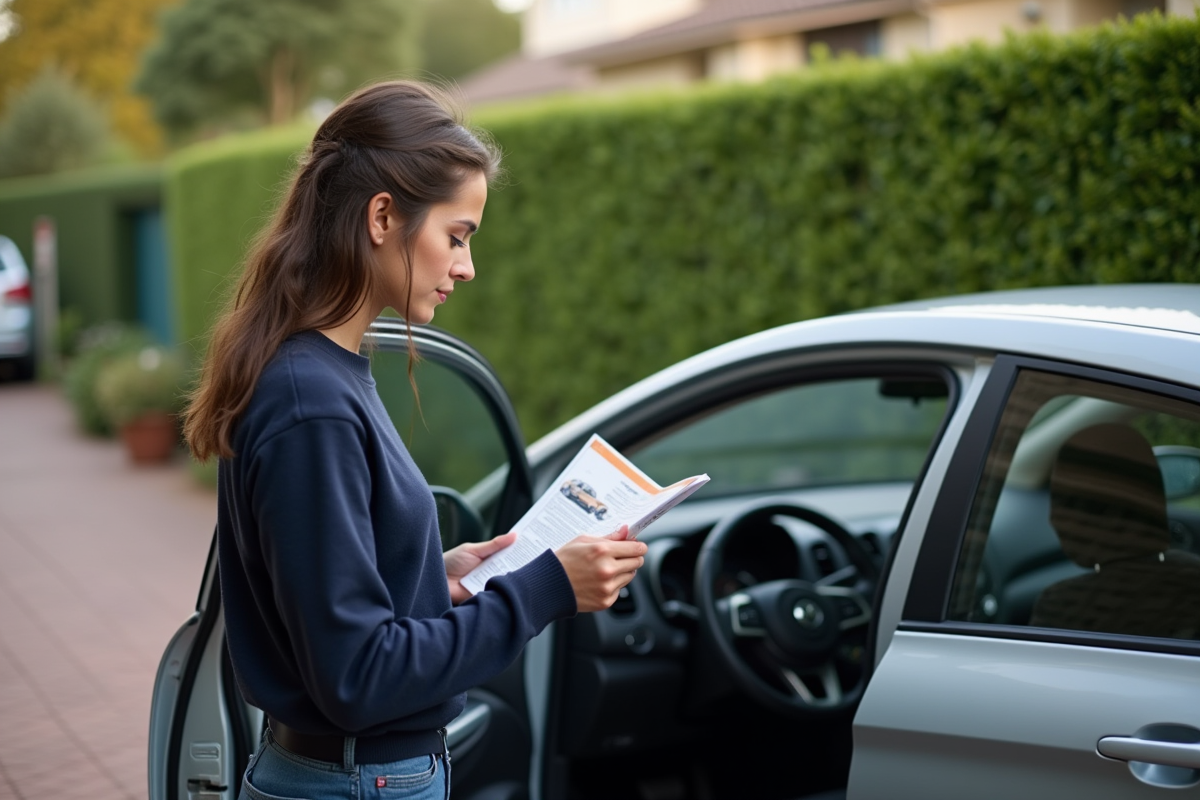 Jeune femme regardant un manuel auto à côté d