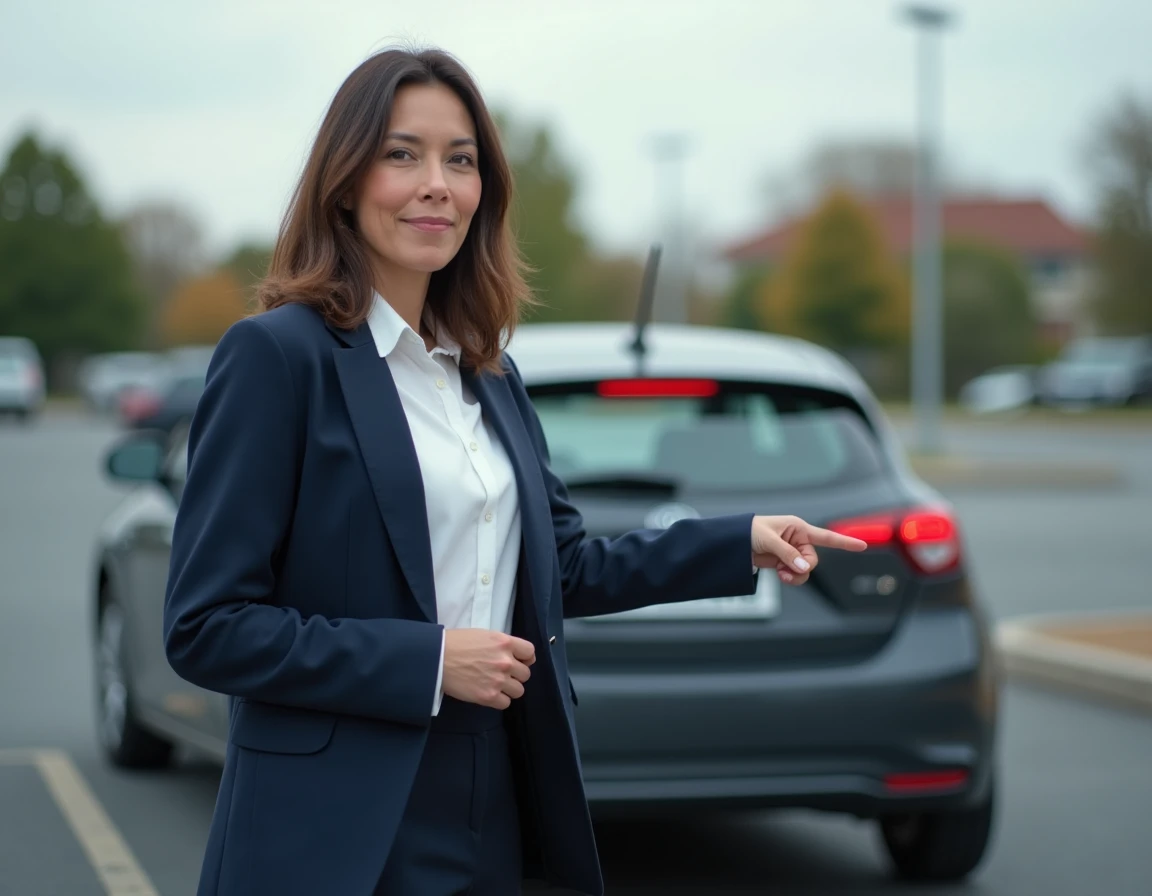 Femme devant une voiture en parking illustrant les restrictions liées au code 79 du permis de conduire