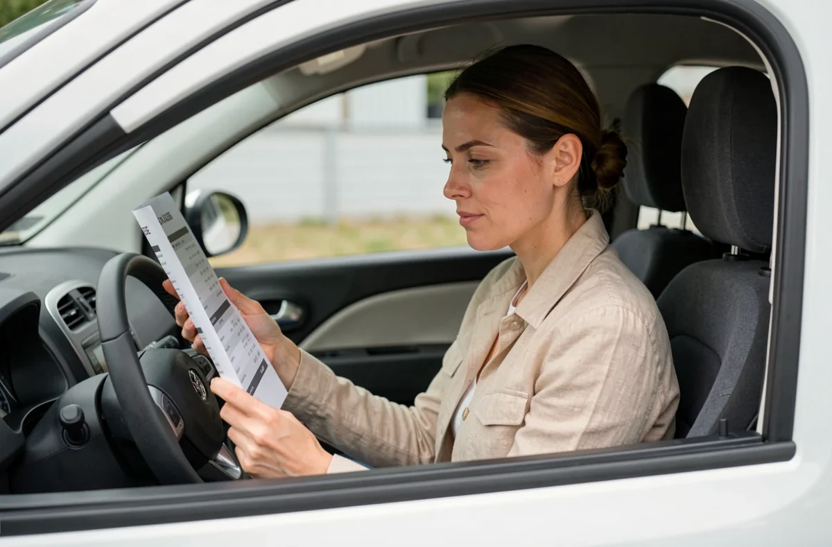 Femme consultant une brochure de prix dans une voiture sans permis