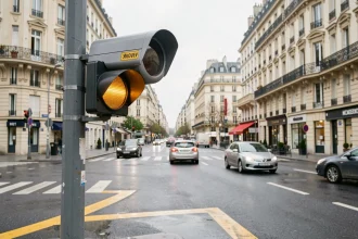 Feu orange et radar feu rouge à une intersection urbaine française sous une journée nuageuse