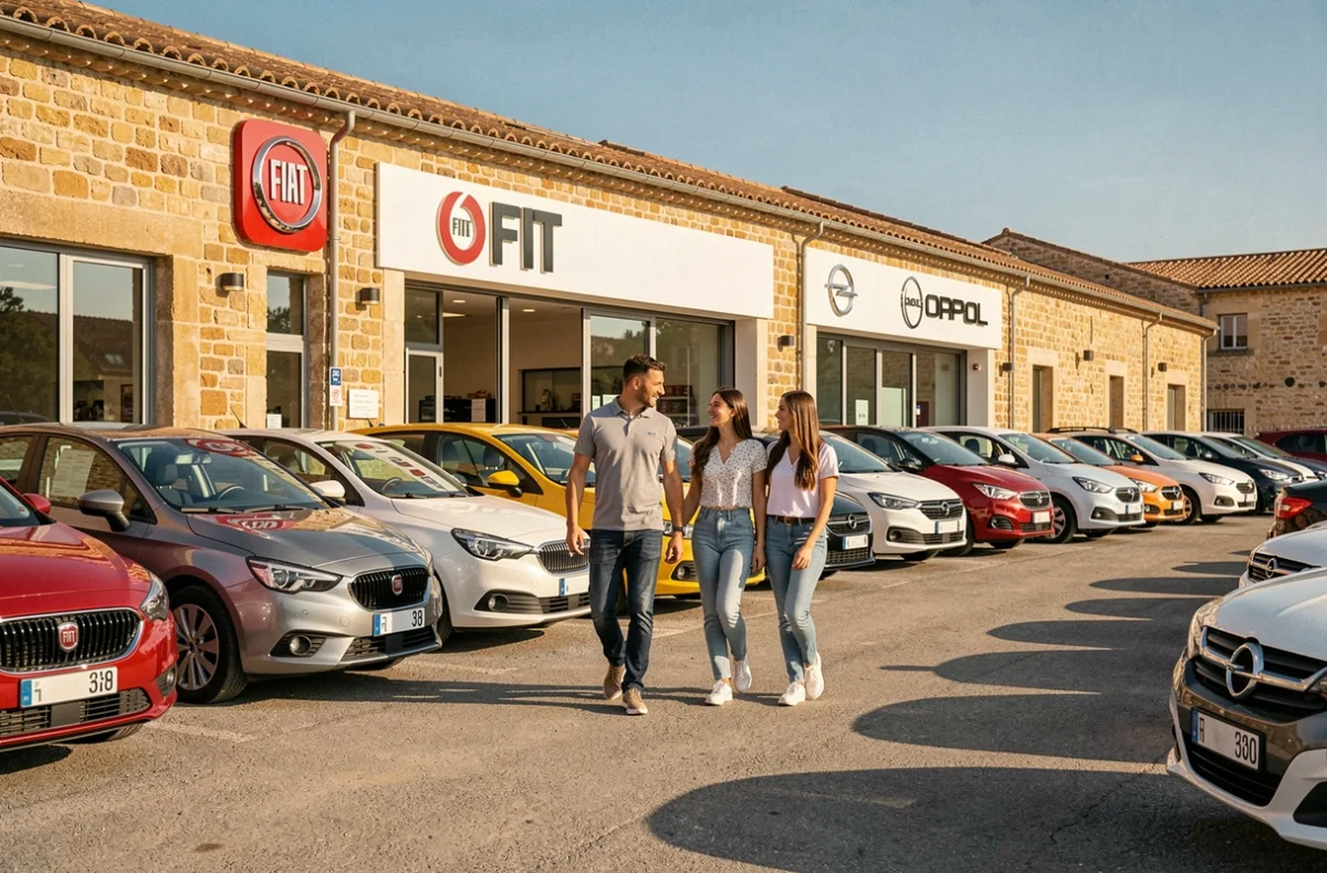 Vendeur de Fiat Opel Avignon guidant un couple parmi les voitures d'occasion Fiat et Opel sur le parking
