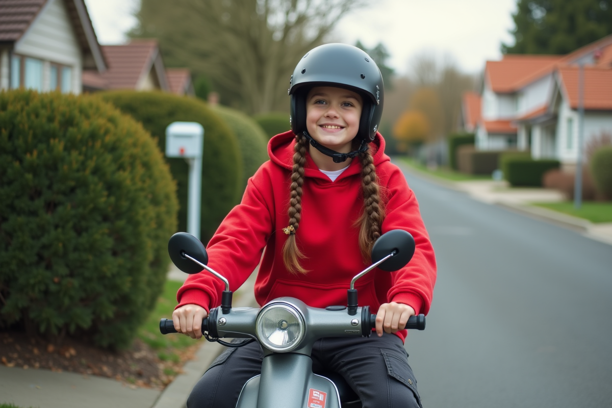 Fille ajustant son casque sur un scooter en banlieue