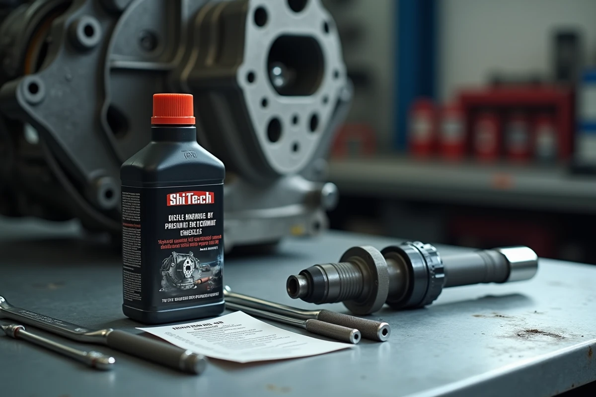 Flacon d'additif Shitech pour diesel posé sur un établi de garage à côté d'un injecteur moteur et d'outils de mécanique
