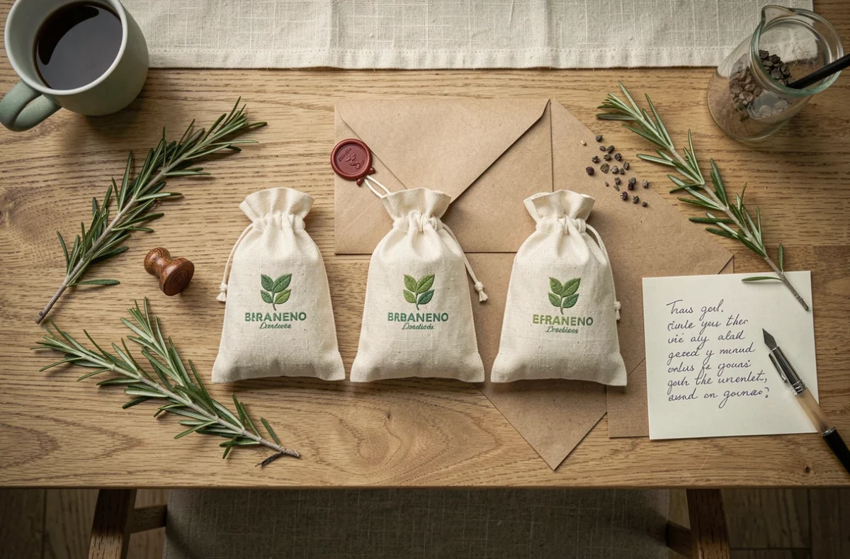 Flat lay de sachets sent bon personnalisés avec logo de marque sur une table en bois, entourés d'éléments de communication durable