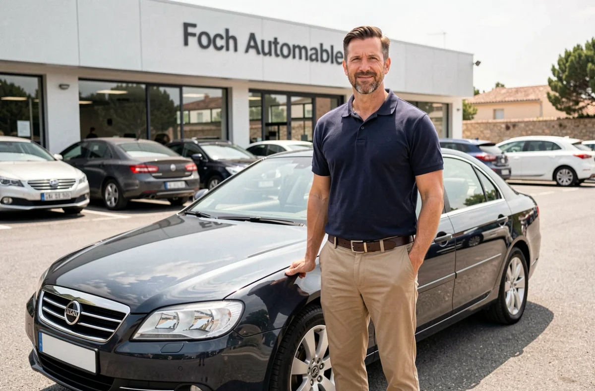 Vendeur de Foch Automobiles devant le showroom avec une voiture d'occasion en Provence
