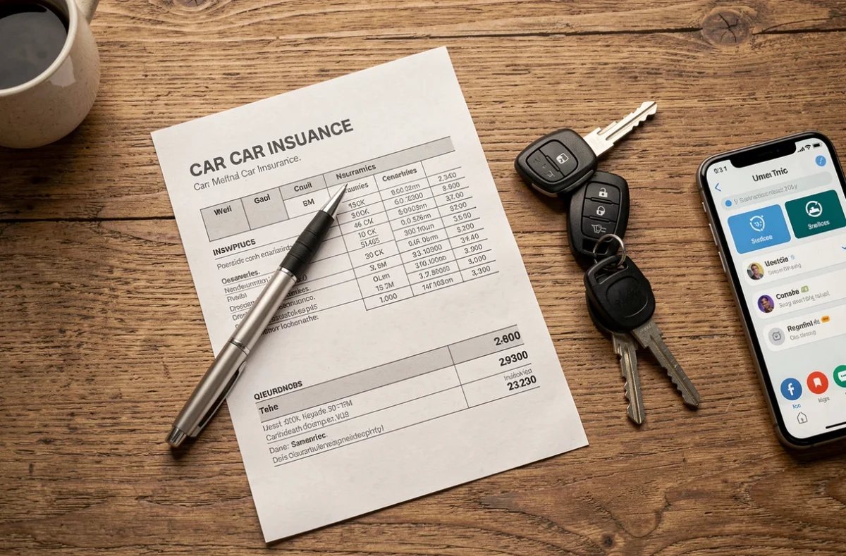 Formulaire de devis d'assurance auto imprimé sur un bureau avec clés de voiture et smartphone