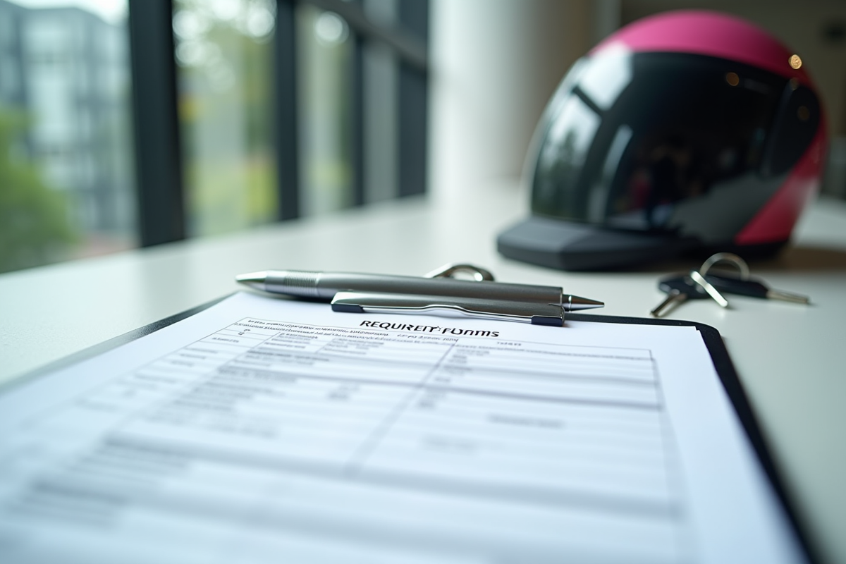 Classeur avec formulaires et casque de scooter en arrière-plan