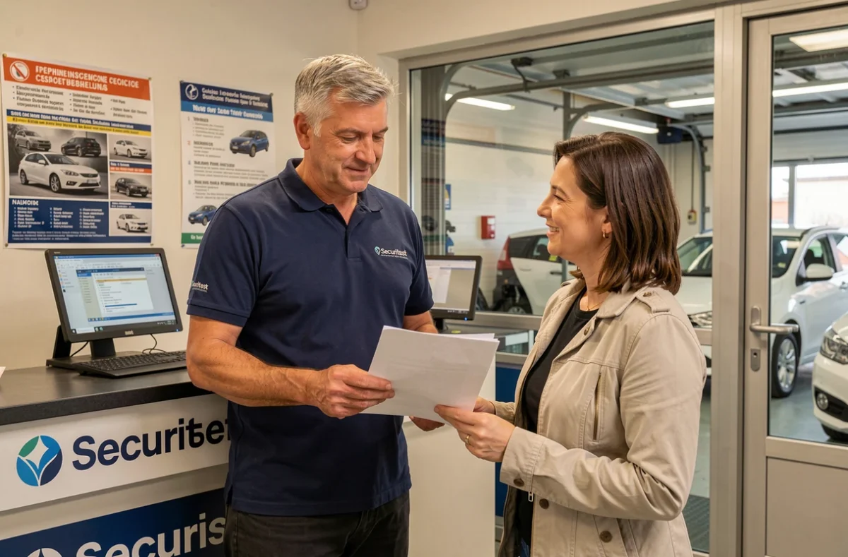 Francky Gauriat du réseau Securitest accueillant une cliente à la réception de son centre de contrôle technique