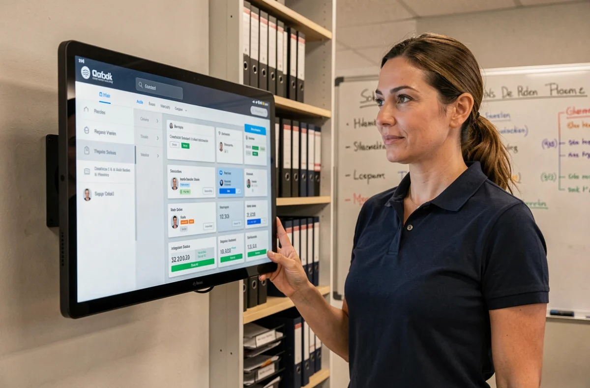 Gérante de garage consultant un tableau de bord de plateforme connectée sur une tablette en atelier
